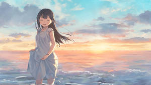 動漫女孩在夕陽下的海洋中微笑，粉彩天空和溫柔的海浪。 — 動漫女孩 壁紙