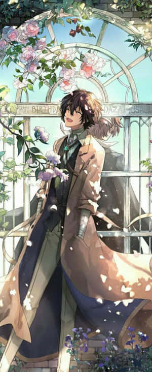 生日時在花卉拱門下穿外套的動漫男孩與飄落的花瓣。 — Galaxy Z Flip 壁紙