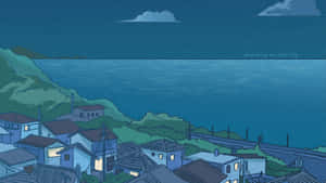 夜晚舒適的海岸村莊，發光的窗戶俯瞰著黑暗天空下平靜的藍色海洋。