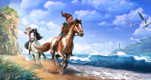 兩個女孩在陽光明媚的海灘上騎馬，伴隨著海浪和海鷗飛翔。