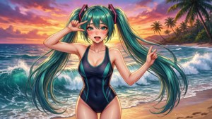 動漫女孩紮著青綠色雙馬尾，在熱帶沙灘上日落時分擺姿勢。 — 中野三玖 壁紙