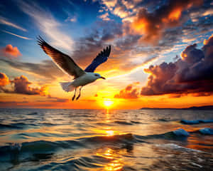 海鷗在夕陽下飛越海洋，天空呈現鮮豔的橙色和藍色 — 靚女gif 壁紙