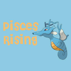 藍色海馬，橙色腹部，白色鰭，向右游，帶有黃色 'Pisces Rising' 文字。