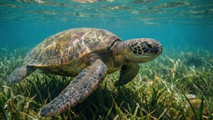 海龜在清澈的藍色海水中游過海草