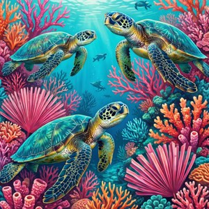 三隻海龜在清澈的藍色海水中於鮮豔的珊瑚間游動。
