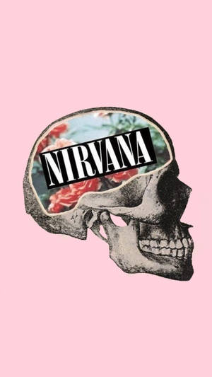 帶有花卉腦腔和粉紅色背景上Nirvana文字的骷髏頭。