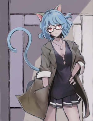 藍髮貓耳動漫女孩穿外套站在窗邊