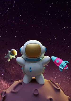 可愛太空人與火箭在紫色月球上，星空下