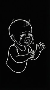 一個哭泣的嬰兒，以白色輪廓勾勒，淚水滴落在黑色背景上。