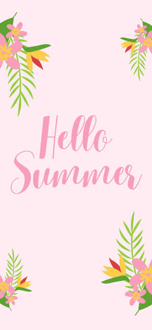 粉紅色背景上，熱帶花卉和樹葉圍繞著「Hello Summer」文字。 — 粉彩粉紅色 壁紙