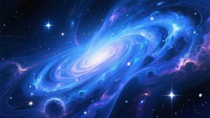 在深空中，一個充滿活力的藍色和紫色螺旋星系，帶有發光的星星和宇宙雲。