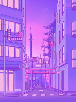 夜晚的東京風格小巷，有貓、鳥居和新月下的塔樓。