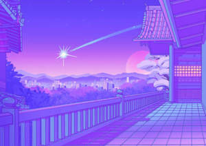 動漫陽台，紫色光芒俯瞰城市和黃昏天空中的彗星
