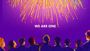 不同背景的人群觀看彩色煙火，帶有文字WE ARE ONE