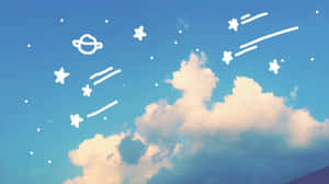 藍天有蓬鬆雲朵和手繪星星及行星。