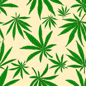 米色背景上綠色大麻葉的無縫圖案。