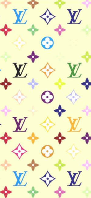 淡黃色背景上色彩繽紛的 Louis Vuitton 標誌和花卉圖案。 — 黃色 壁紙