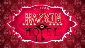 歡迎來到 Hazbin Hotel 標誌，帶有發光字母和滴落的鑰匙。