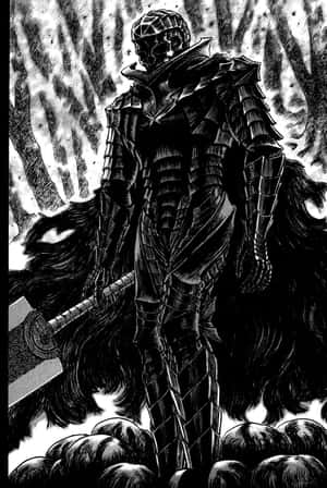 一個 dark 裝甲戰士在 fiery 背景下持劍。