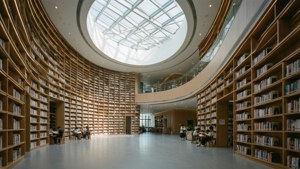 人們在現代圓形圖書館中閱讀，配有彎曲的木架和玻璃天窗。