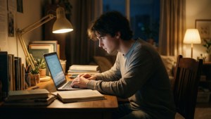 年輕人在夜間用暖色桌燈照著手提電腦和書本學習。