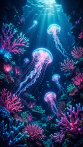 色彩繽紛的水母在深海場景中漂浮在發光的珊瑚之間。