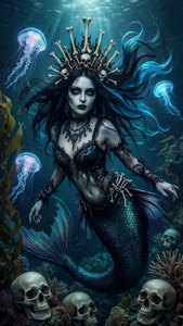 哥德式美人魚戴著骨冠，在水中與水母和頭骨一起游動。