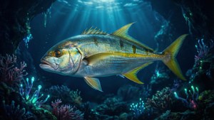 一條金色魚在深海水域中於發光珊瑚和岩石之間游動。