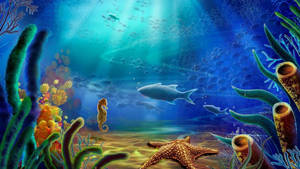 色彩繽紛的水下場景，珊瑚、海馬、魚類和海星沐浴在陽光中。
