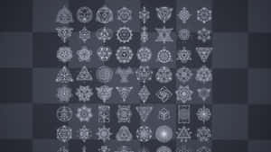 深灰色格仔背景上嘅白色幾何符號網格。 — 太空美學 GIF 壁紙