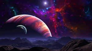 外星山脈仰望氣體巨星和地球，背景是色彩繽紛的星雲。