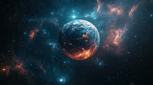 一顆帶有發光橙色大陸和藍色海洋的行星，被星星和星雲包圍