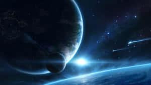 一顆藍色行星，帶有月亮和流星，在繁星點點的夜空中。 — 淺紫色動態圖片 壁紙
