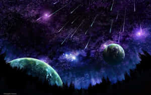 從森林仰望星空宇宙天空，兩顆發光行星伴隨流星。 — 星星 壁紙