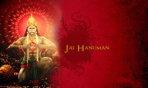 金冠哈努曼在帶有Jai Hanuman文字的紅色紋理背景前手持聖物。 — 紅色 壁紙