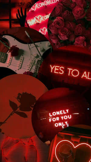 紅色調拼貼畫，有玫瑰、結他和寫著 yes to all lonely for you only 的霓虹燈牌。