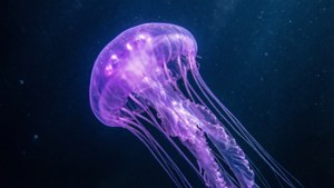 一隻發光的紫色水母漂浮在黑暗的海水中。 — 紫色 壁紙
