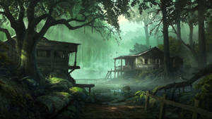 黃昏時分，迷霧沼澤中兩間質樸的小屋被巨大的苔蘚樹木環繞。