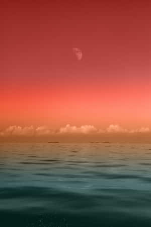 黃昏時分寧靜海洋上的新月，紅色天空和遙遠島嶼。