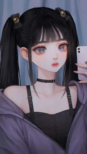 雙馬尾動漫女孩穿著紫色連帽衫自拍。