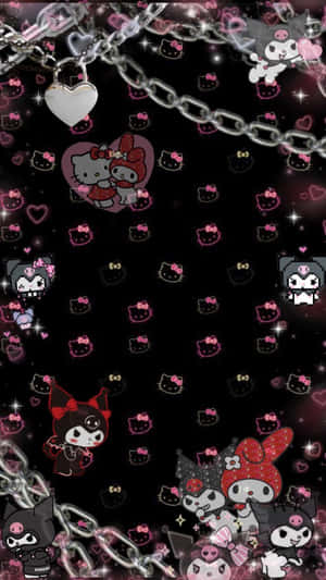 黑色背景上的Hello Kitty和Kuromi角色，配有粉紅色心形和銀色鏈條。 — 黑川伊佐那 壁紙