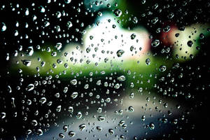 窗戶上的雨滴，背景是模糊的戶外景色。