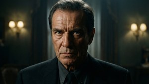 一位穿著深色西裝的認真年長男性，在光線昏暗的房間裡強烈地凝視著。