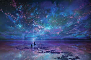 兩個人坐在宇宙海岸上，下方是倒映在水中的 vibrant 星空。 — 藍天 壁紙