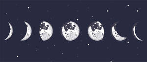 以極簡風格描繪的月相，襯托著繁星點點的夜空。