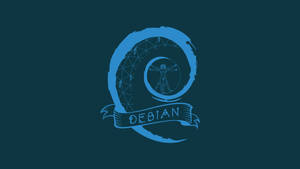 Debian Linux標誌，喺深藍綠色背景上有藍色嘅維特魯威人。