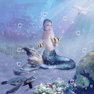 一條擁有藍色尾巴的美人魚坐在珊瑚礁上，周圍有魚和泡泡。