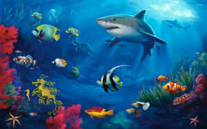 水下場景，鯊魚、魚類和珊瑚礁在藍色海洋光線中。
