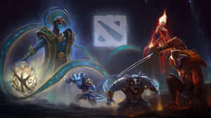 黑暗競技場中的 Dota 2 英雄，有發光魔法和標誌。