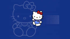 Hello Kitty 穿著水手服在藍色背景上，帶有模糊輪廓和圓點圖案。